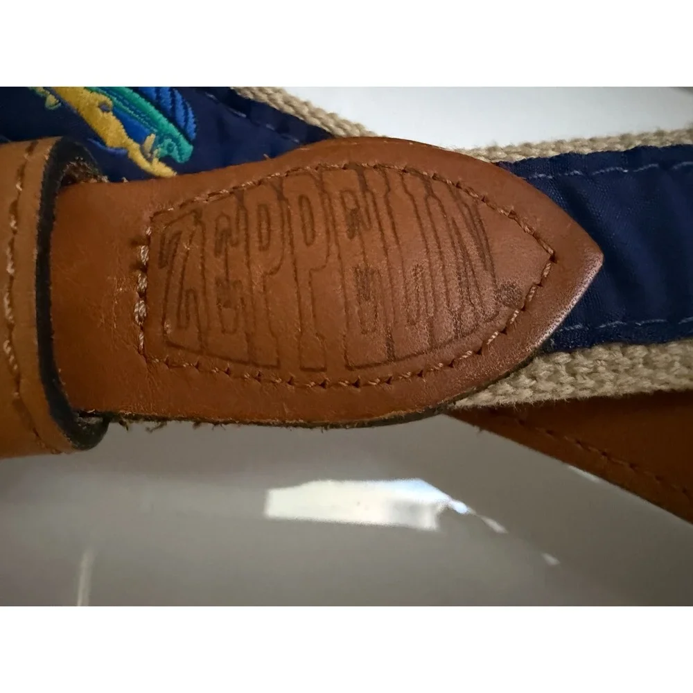 Zeppelin Mahi Mahi Fish Canvas Leather Belt Mens 36 Tan Navy Blue Nautical USA